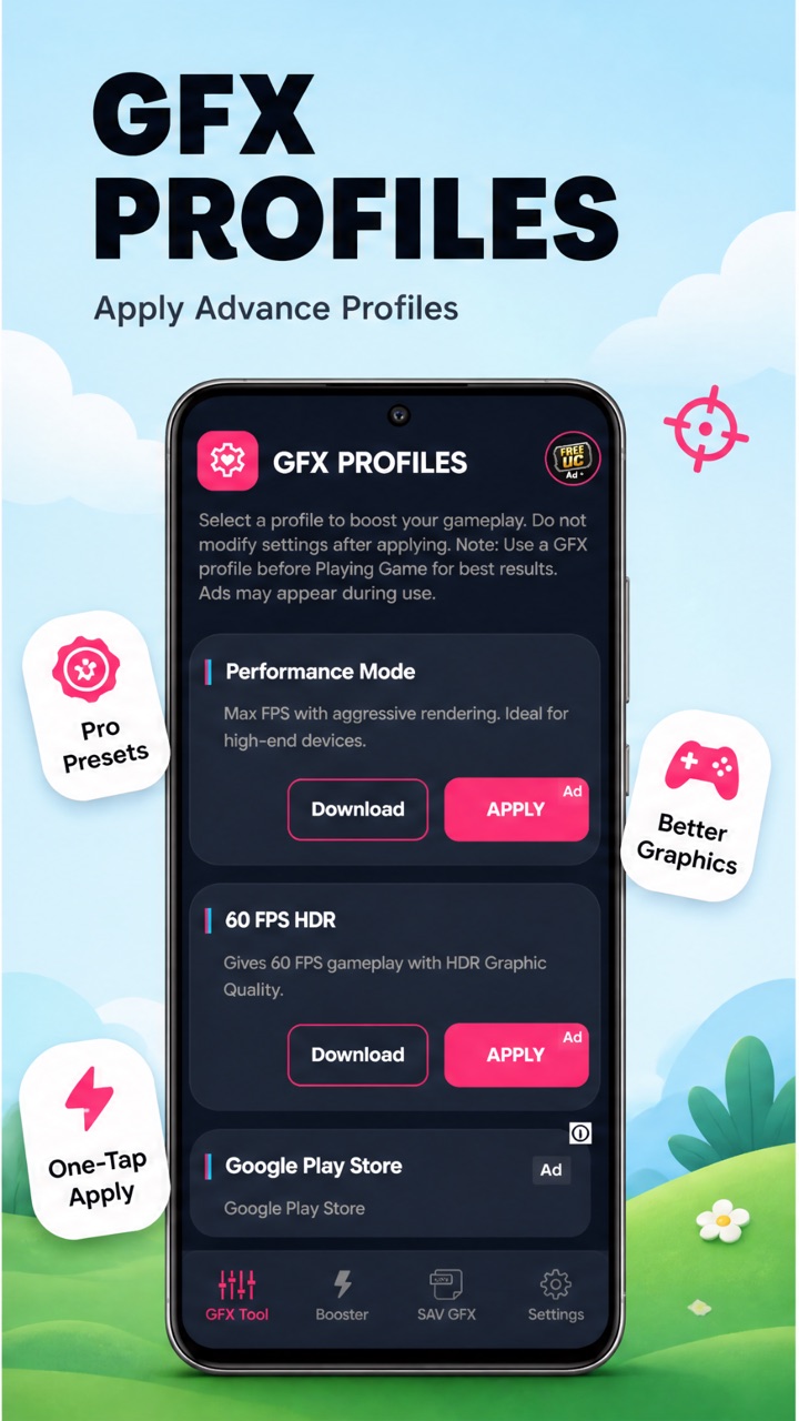 GFX Profiles screen listing Performance Mode with aggressive rendering for high-end devices, and 60 FPS HDR for HDR graphics quality at 60 FPS